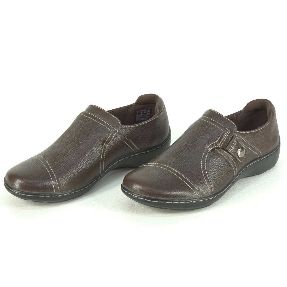 Clarks Collection Cora Poppy Leather Slip-On Shoes 8W Dark Brown Tumbled Comfort - Picture 3 of 10